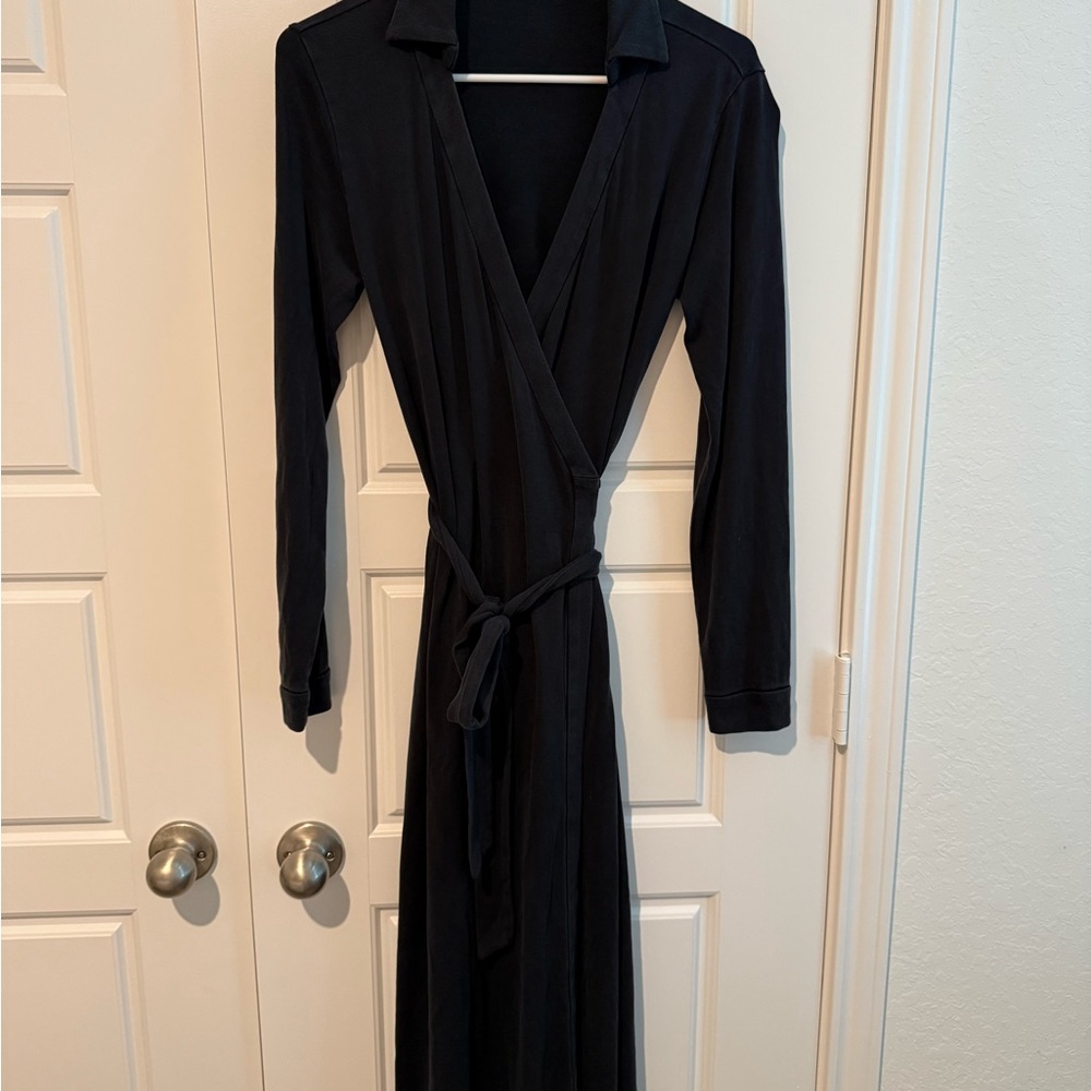 Quince Black Long-Sleeve Silk Jersey Wrap Midi Dress